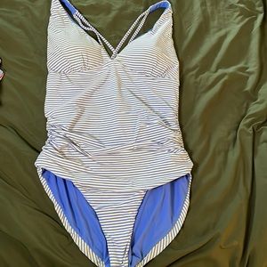 Blue and white striped one piece swimsuit